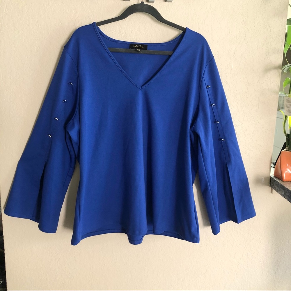 Melissa Paige royal blue bell sleeve blouse, 1X